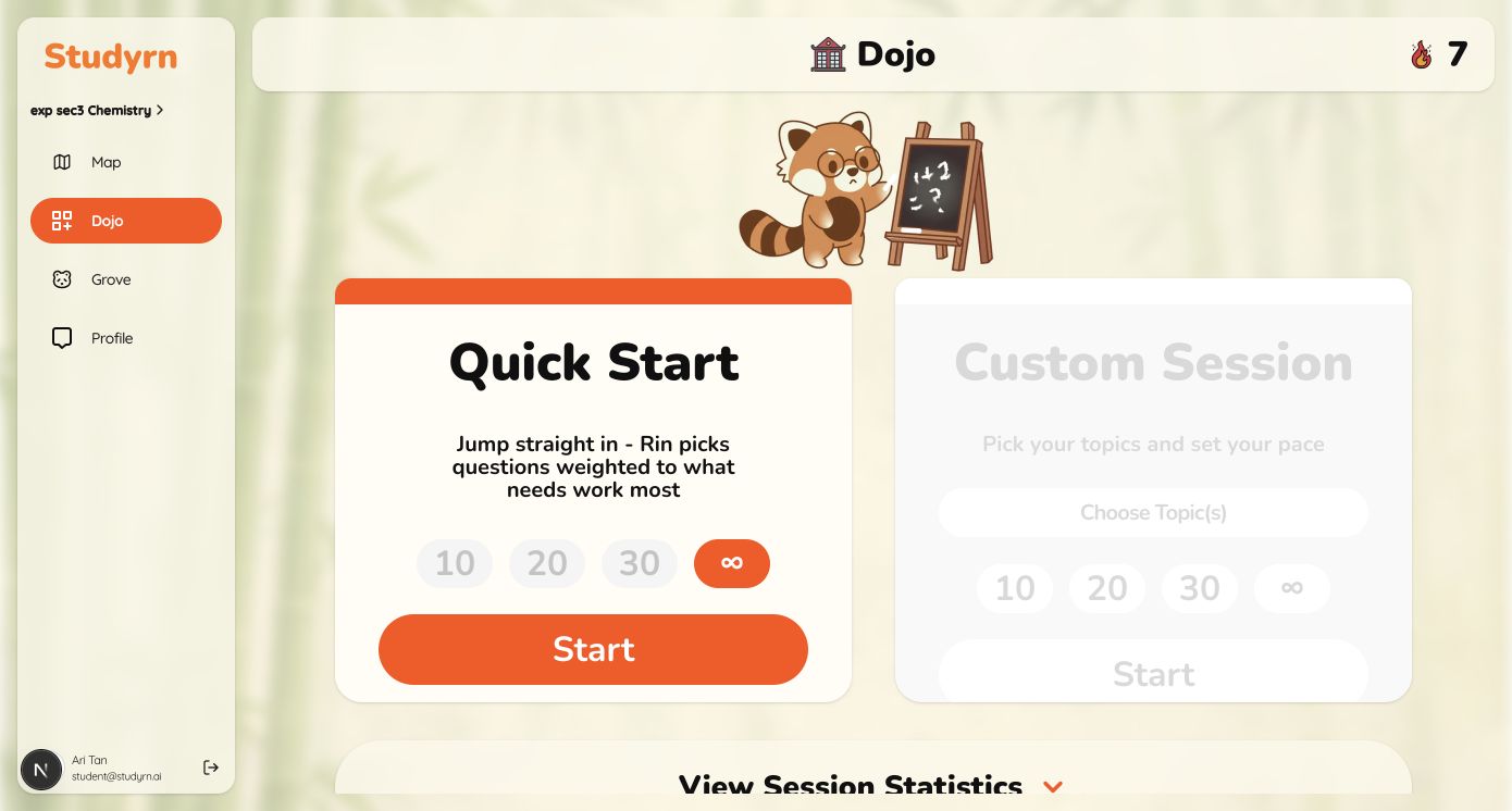 StudyRn Dojo screen with Quick Start practice and session statistics.