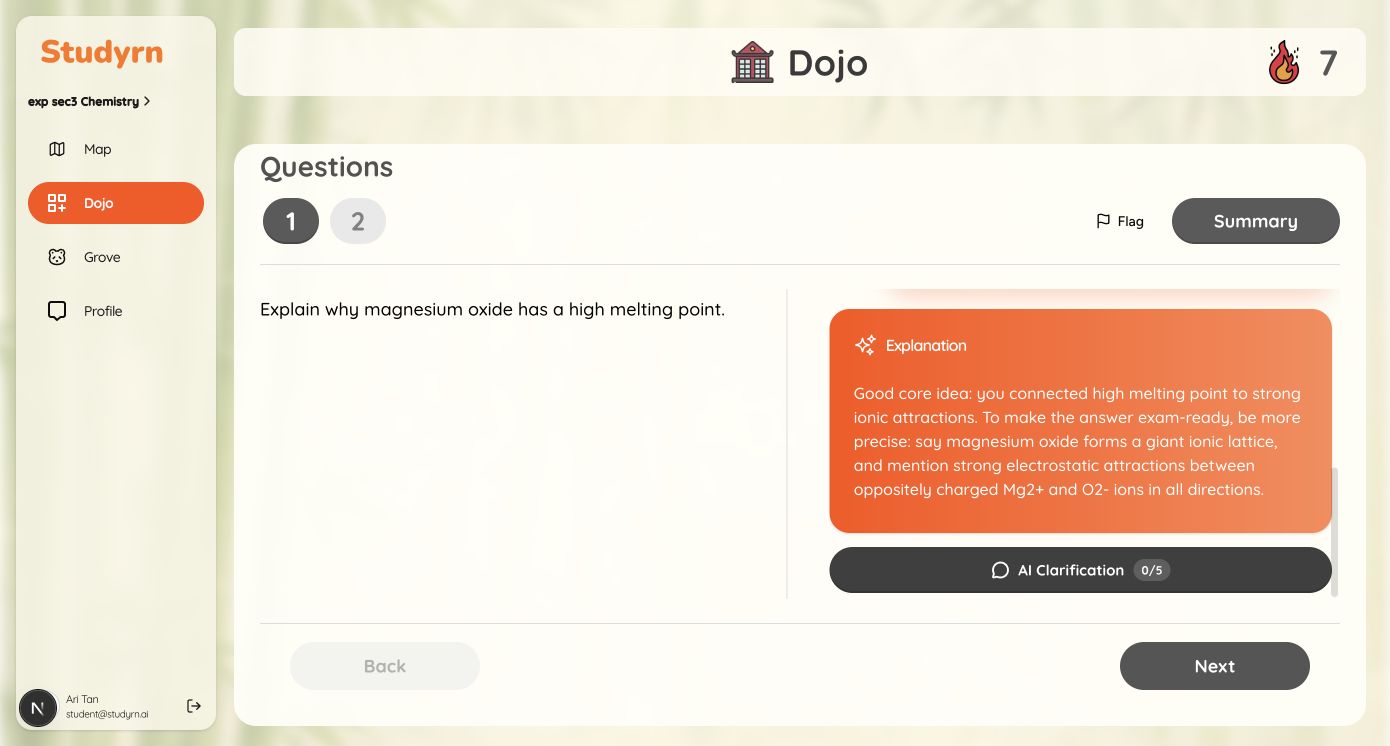 StudyRn Dojo result screen showing AI explanation feedback after a marked answer.