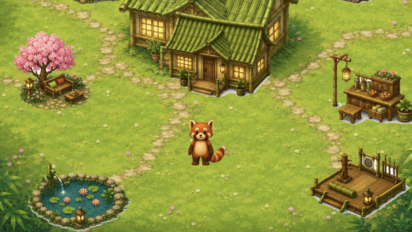 Rin's Grove screen showing Rin in a bamboo grove with study and care spaces.