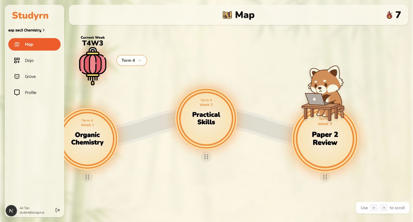 StudyRn's Map screen: a student's week laid out as a path of Chemistry topics.